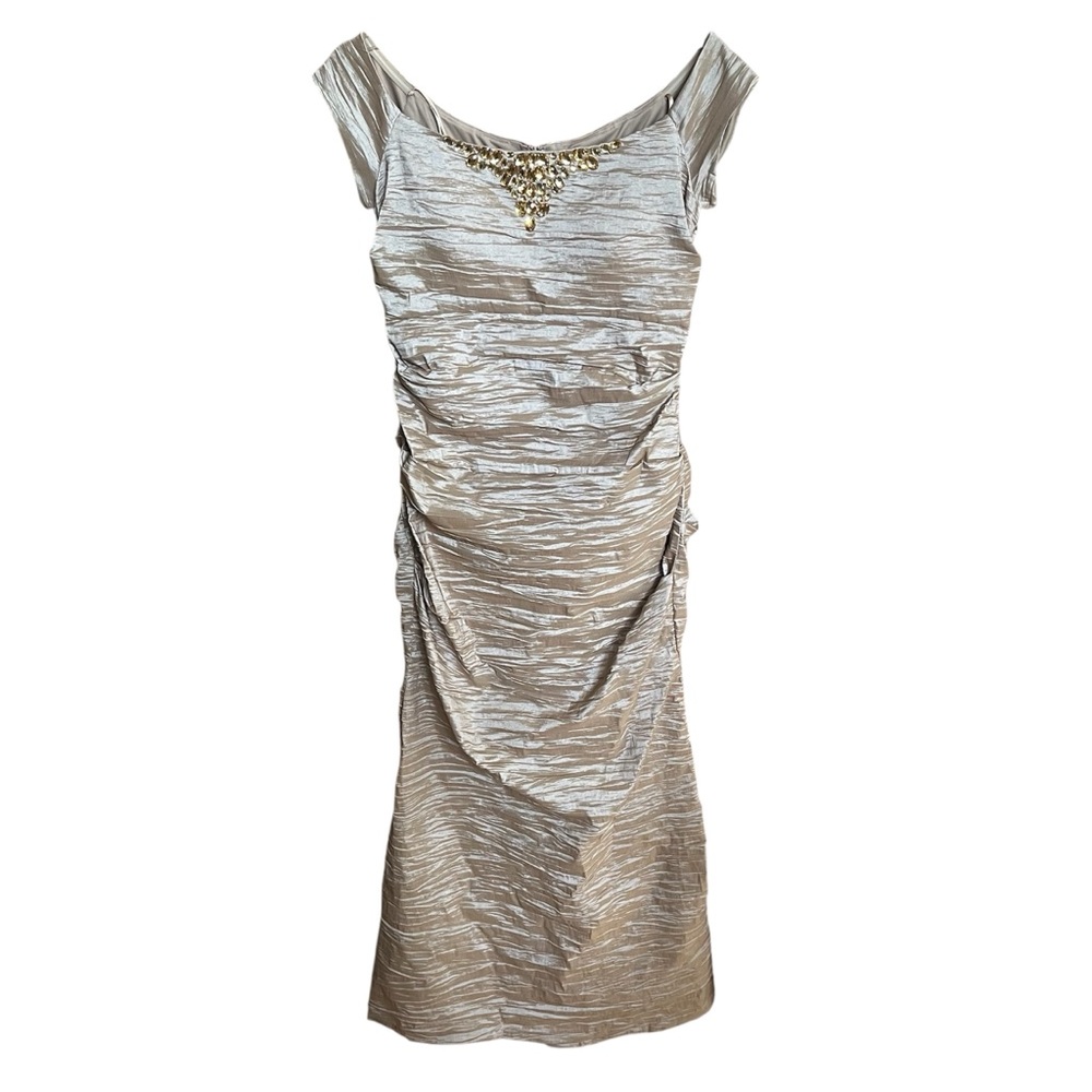 Alex Evenings Taupe Crinkle Ruched Fitted Jeweled Dress Gown Size 16